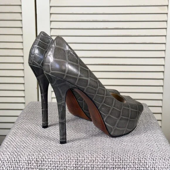 Enzo Angiolini Women's Tanen Grey Leather Peep Croc Stiletto Heel Pumps Size 8 M - Picture 7 of 11